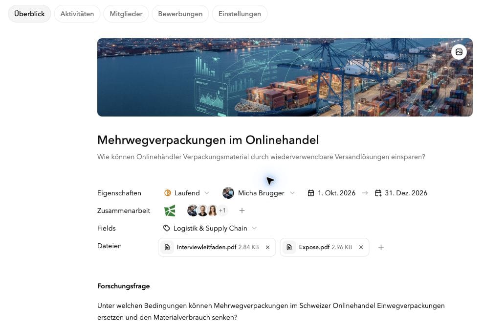 Vue d’ensemble du projet avec la question de recherche, les personnes impliquées et les documents